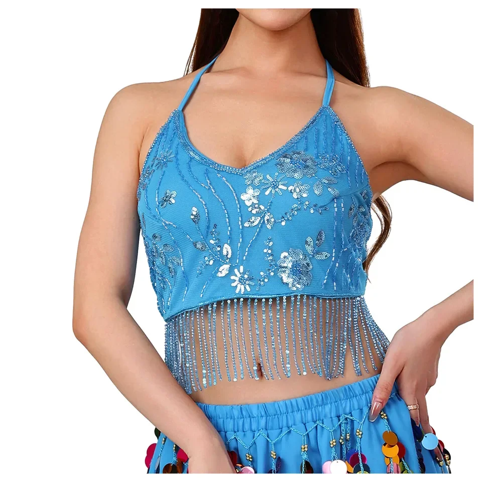 Womens Belly Dance Bra Top Halter Sleeveless Vest Shiny Sequin Fringe Crop Top Stage Performance Costume Festival Party Clubwear