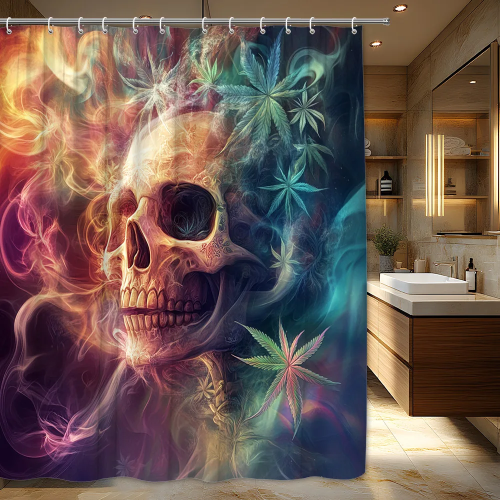 

1pc Psychedelic Skull Shower Curtain - Vibrant Colorful Smoke & Leaves Design, Durable Polyester Fabric, 70x70 Inch Bathroom