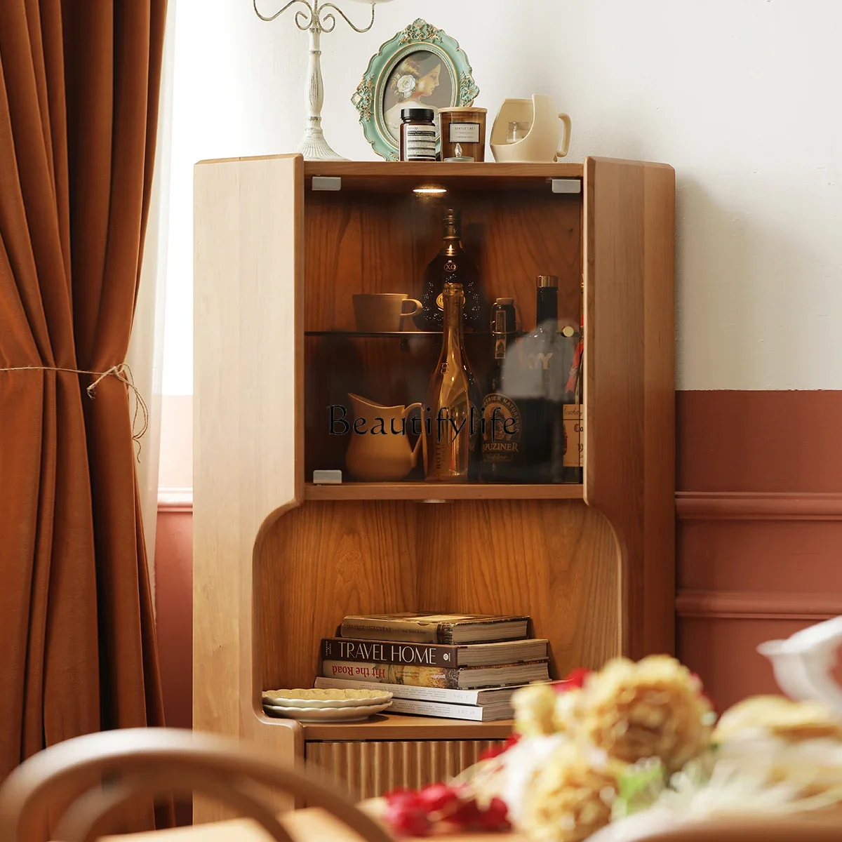 

01Solid wood Nordic retro corner cabinet triangular glass shelf pentagonal side cabinet