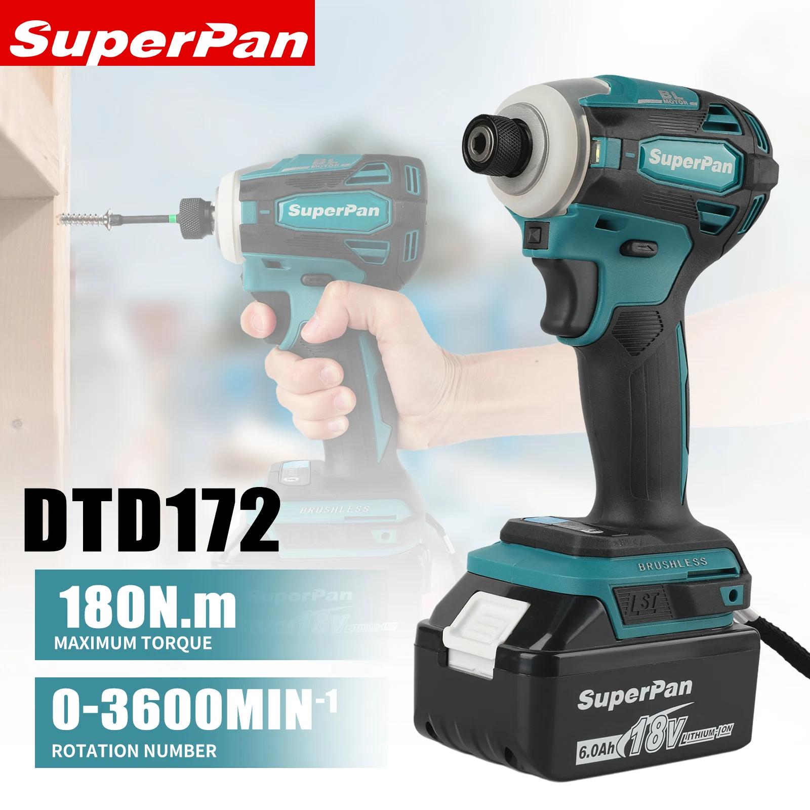 

Бесщеточный аккумуляторный ударный шуруповерт Superpan DTD172 1/4 дюйма, 180 Н·м, электроинструмент для аккумуляторов Makita 18В