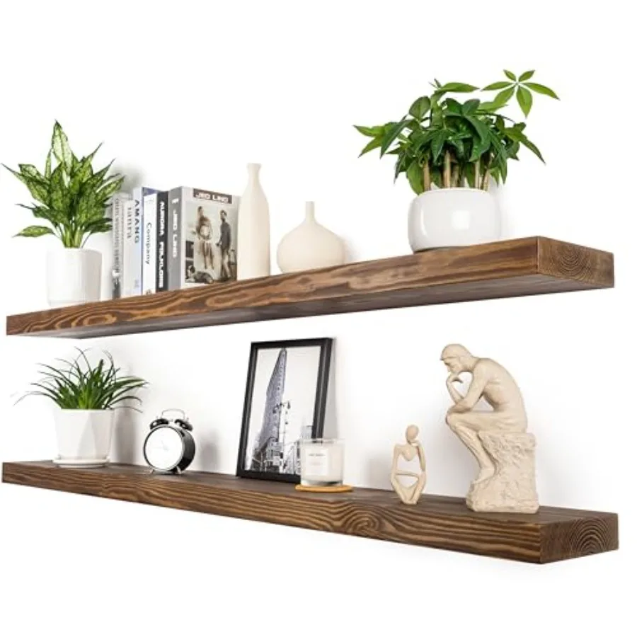

60 Inch Floating Shelves, 8-Inch Deep High-End Solid Wood Long Floating Shelves for wall Set of 2, Rustic Walnut Wall Shelves f