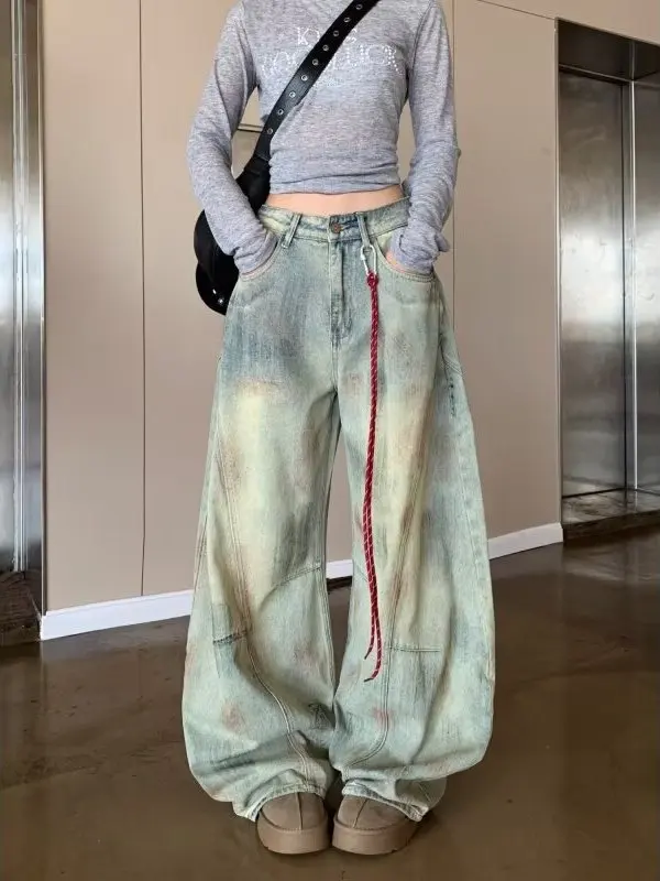 

Джинсы женские свободного кроя с эффектом ретро-ти-дай, прямые широкие брюки для фигуры «груша», весна-осень, большие размеры