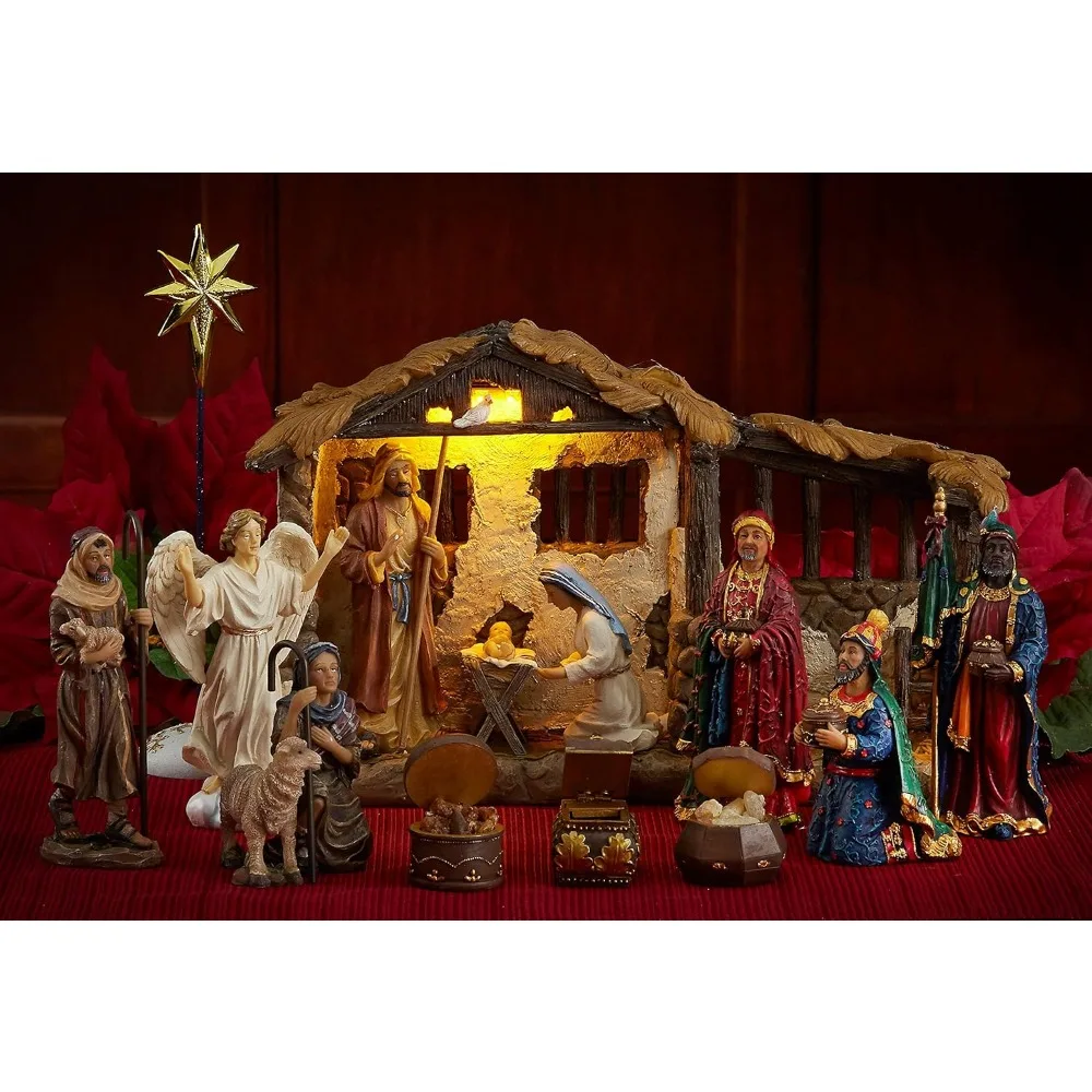 Nativity Set for Christmas Indoor 23 Piece 5 Inch Figures with Lighted Stable, Palm Tree and Chests of Gold, Frankincense