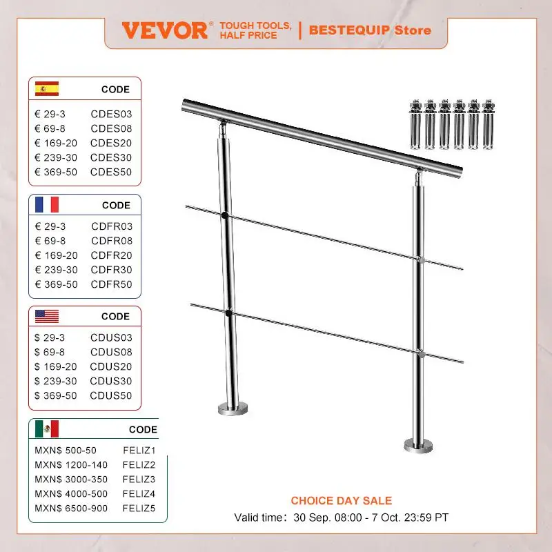 VEVOR 100/150 CM Handrail Stair Railing 2-5 Rail Safety Handrail Balustrade Stainless Steel With Cross Bars For Steps Railing