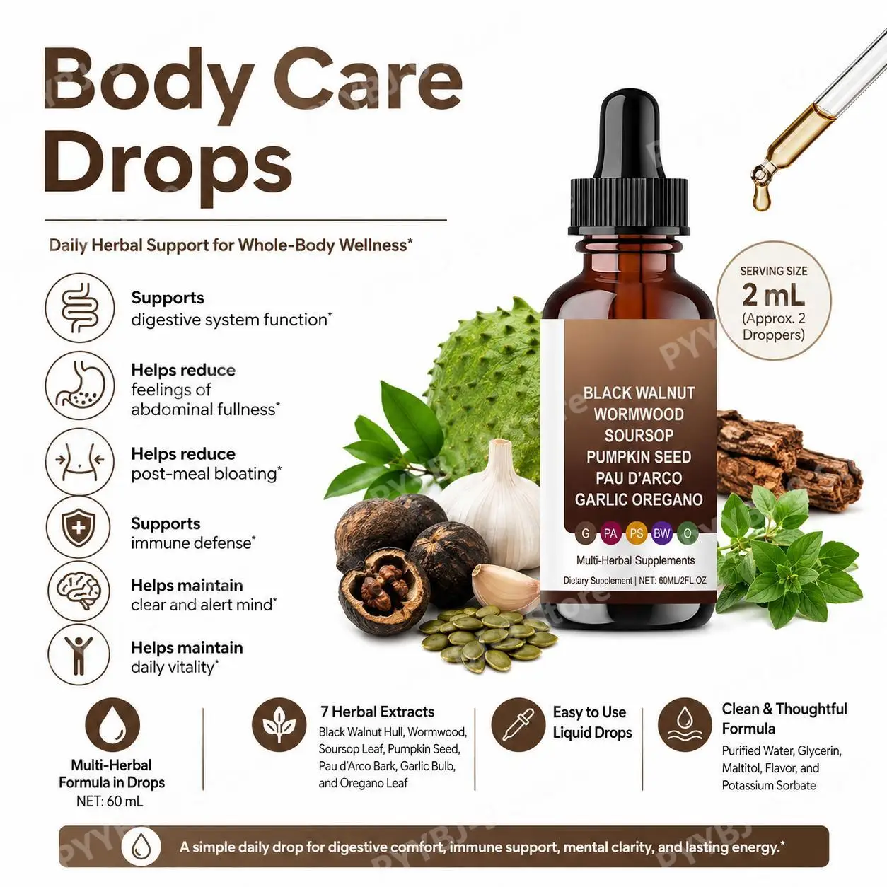 Black Walnut Hull Extract Drops for Digestive Support, Helps Reduce Post-Meal Bloating, Multi-Herbal Daily Formula 60 ML