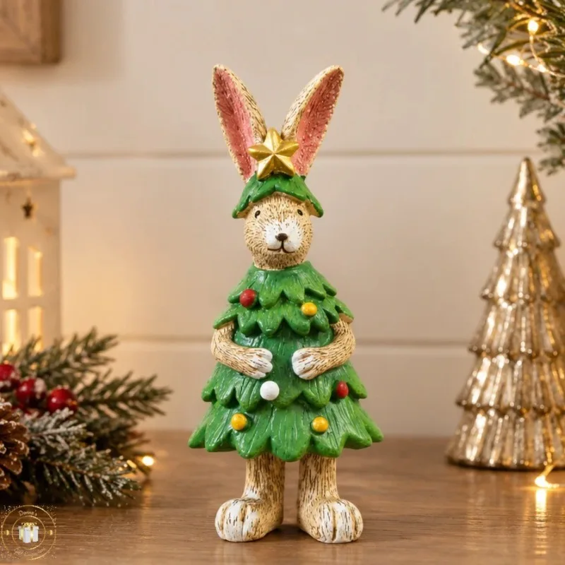 1pc Resin Rabbit Figurine Cute Christmas Bunny Tree Shaped Sculpture Tabletop Ornament Home Bedroom Decoration Crafts Gift