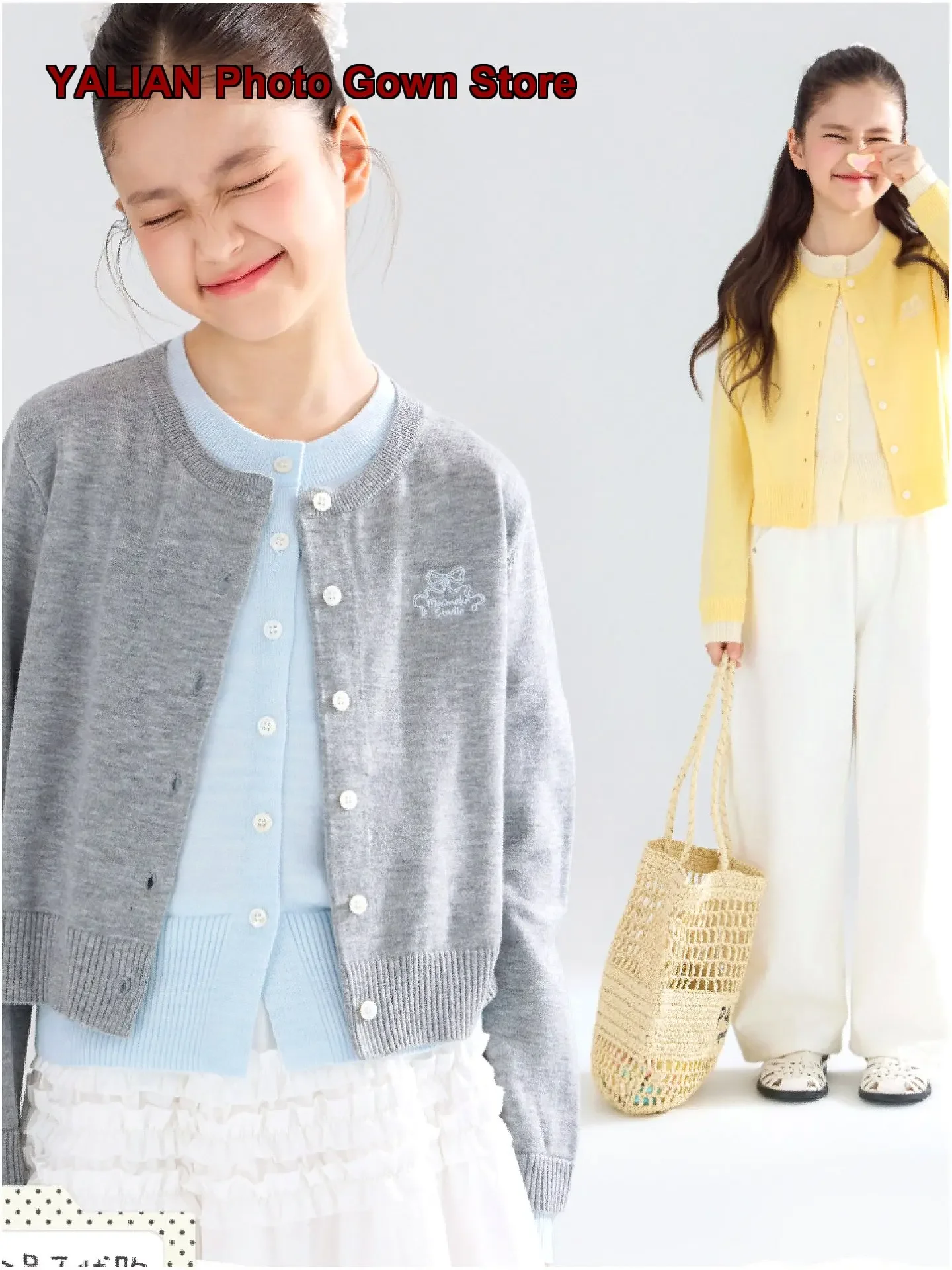 Girls Two-Piece Look Knit Cardigan Kids Early Autumn Wool Blend Bow Tie Design Casual Streetwear