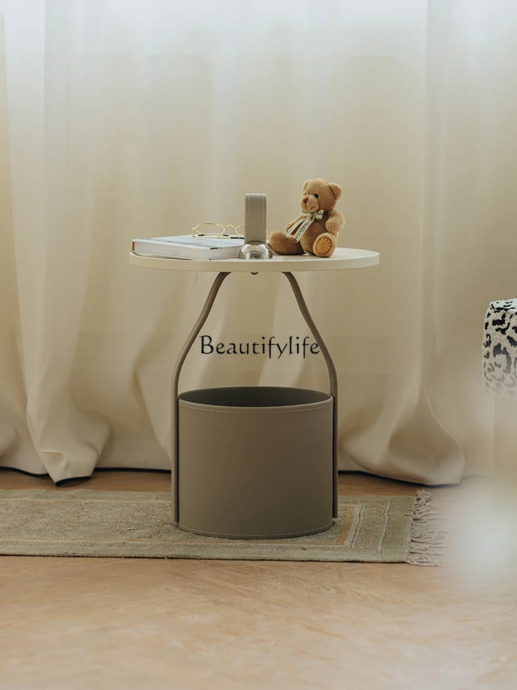 Handle Side Table Retro Italian Handmade Saddle Leather Light Luxury Storage Sofa and Tea Table