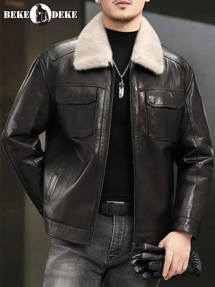 Fashion Leisure Zipper Turn Down Collar Genuine Leather Jacket Solid Color Pocket Slim Male Sheepskin Long Sleeves Outerwear