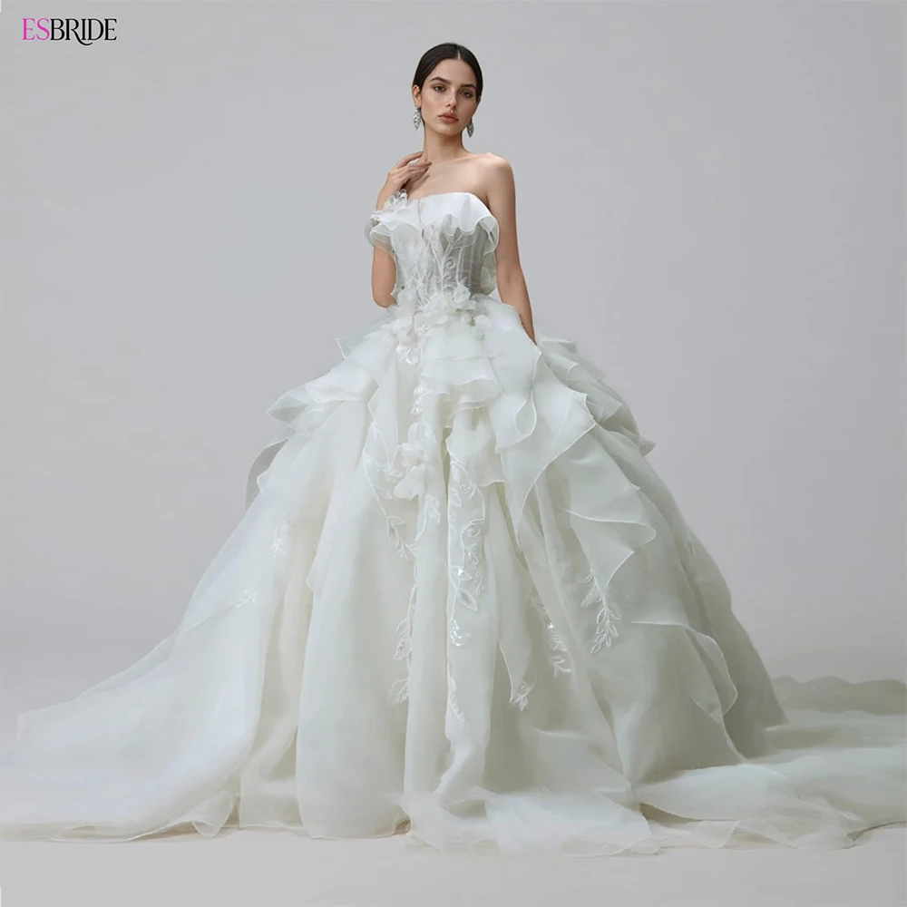 

ESBRIDE Custom Wedding Dress One Shoulder Three-dimensional Pleated Lace Embroidery Mesh Puffy Skirt Tail Dress Skirt 2025 New