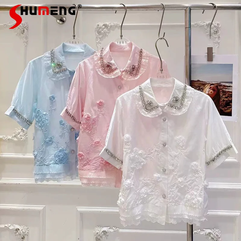 

Women's 2026 Summer New Light Luxury Elegant Shirts Ladies Short-Sleeve Elegant Tops Fashion Rhinestone Lace 3D Floral Shirts