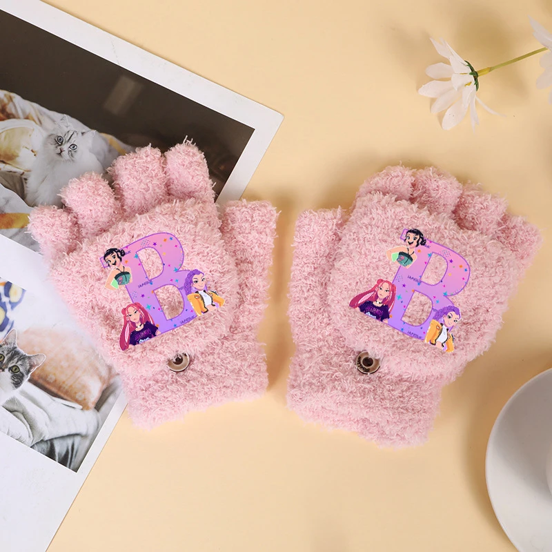 

KPop Demon Hunters Kawaii Plush Gloves for Children Cartoon Letter Printed Cute Mittens Boys Girls Winter Warm Fashion Gloves