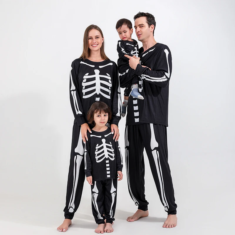 2022 Halloween Skeleton Print Long Sleeve Family Matching Pajamas Set Adult Kids Family Sleepwear Party Clothes Family Sets