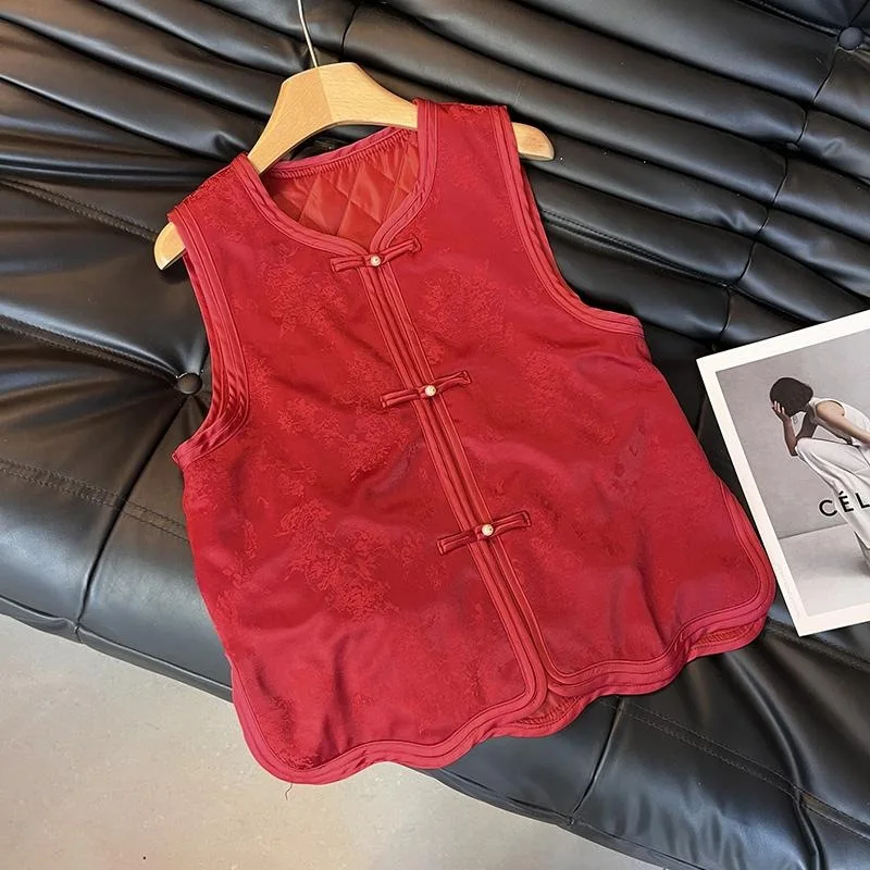 

Красная женская роскошная куртка-жакет без рукавов в стиле танчжуан для китайского Нового года, праздничная одежда, подарок, повседневная верхняя одежда, топ-ципао