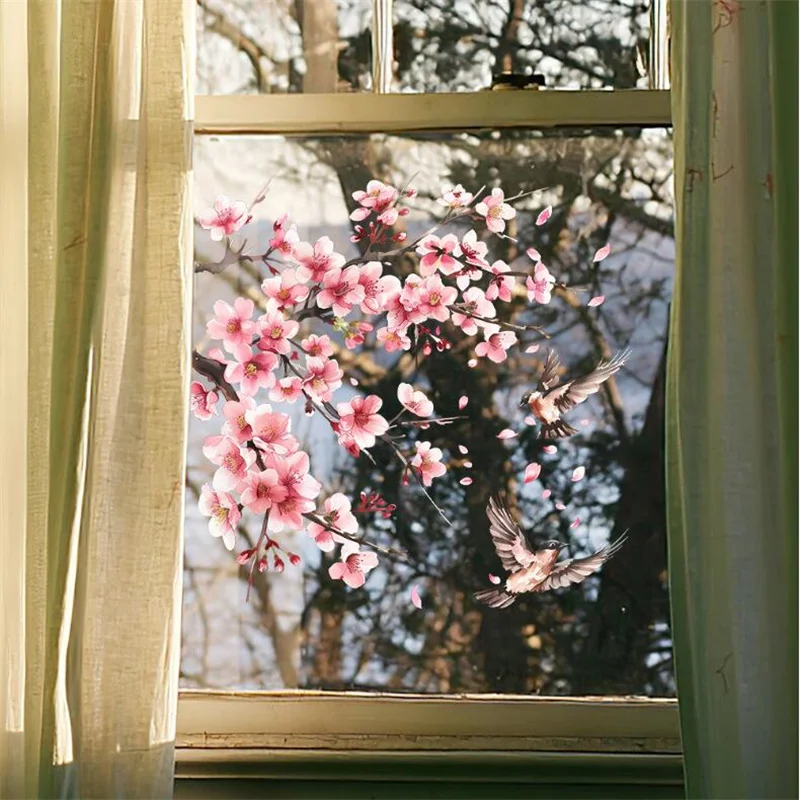 Abnehmbare Aquarell rosa Pfirsich blüte Äste Vögel Wanda uf kleber für Schlafzimmer Wohnzimmer Glasfenster dekorativ – Detail 7