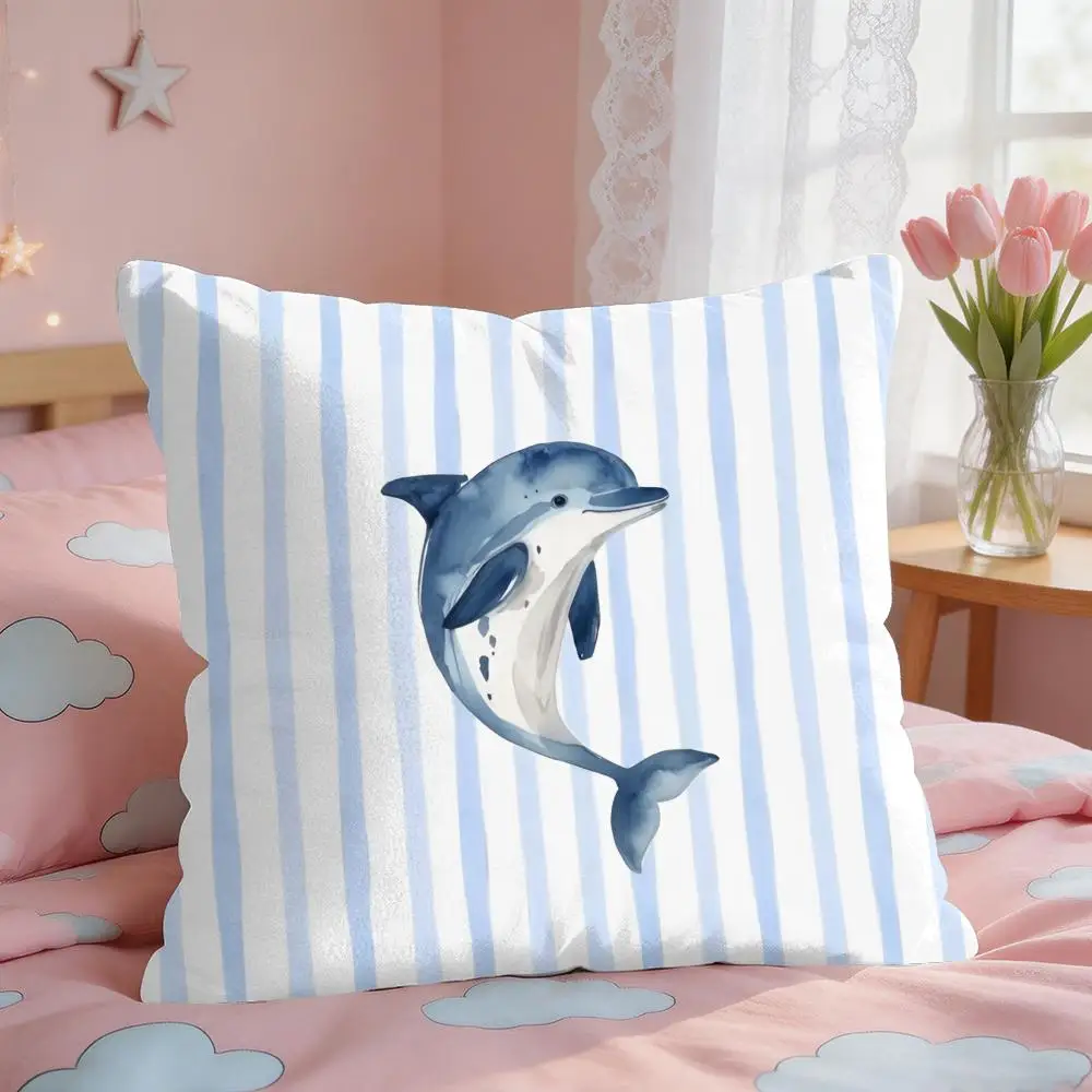 Simple Striped Marine Animals Cushion Cover Square Short Plush Pillow Case Living Room Sofa Home Decor Funda 40X40