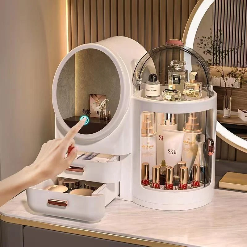 Large-capacity cosmetic storage box with mirror LED light storage rack desktop dresser light luxury storage rack finishing