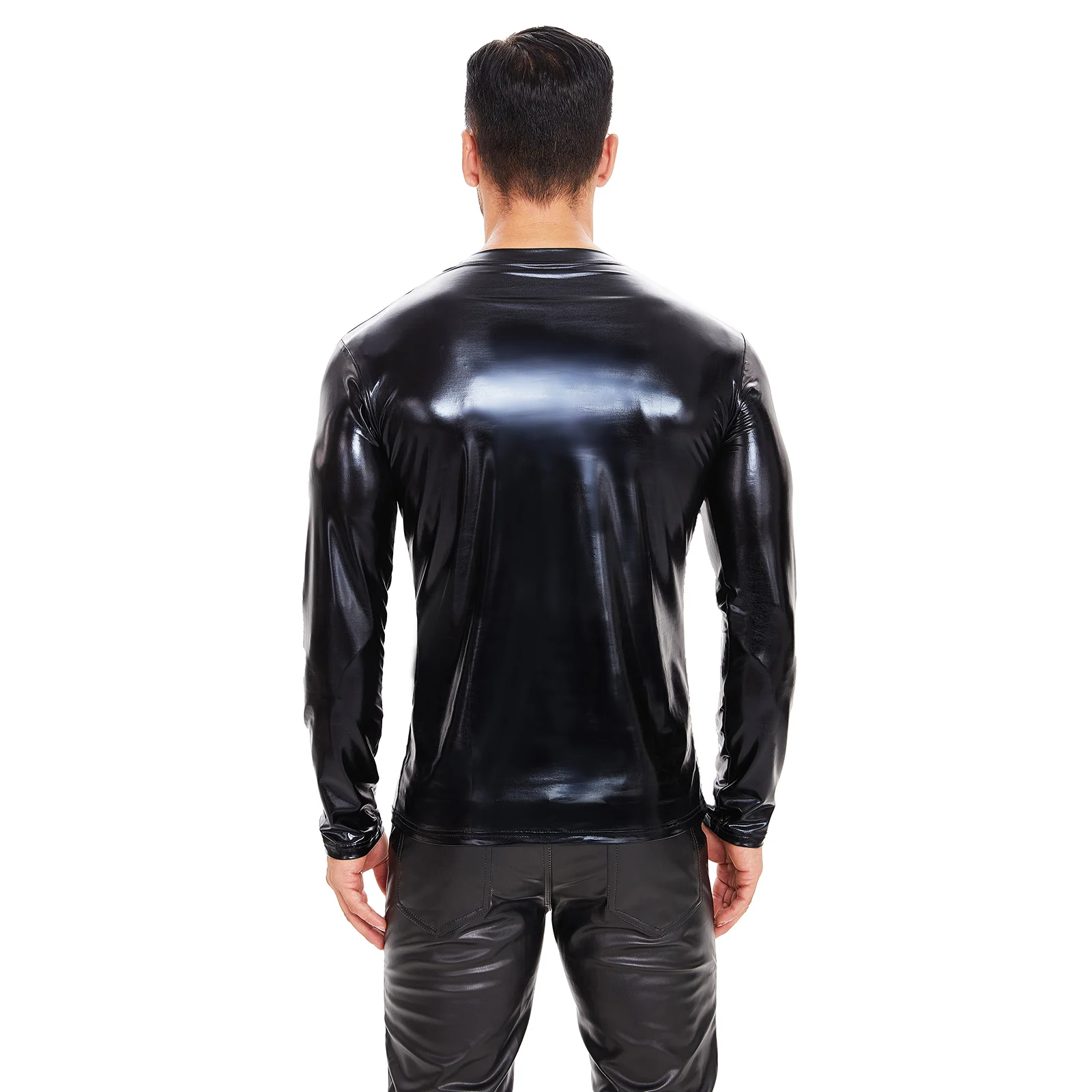 Plus Size Mens Shiny Patent Leather T-shirt Long Sleeve Soft Leather V-neck Tees Male High Elastic Shaping Vest Sexi