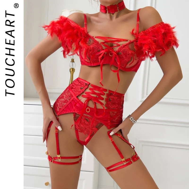 

Toucheart Lencerias Red Lace Sexy Lingerie Set Hollow Sexy Embroidered Feather Five-piece Set Sexy Garters Underwear Suit NEW