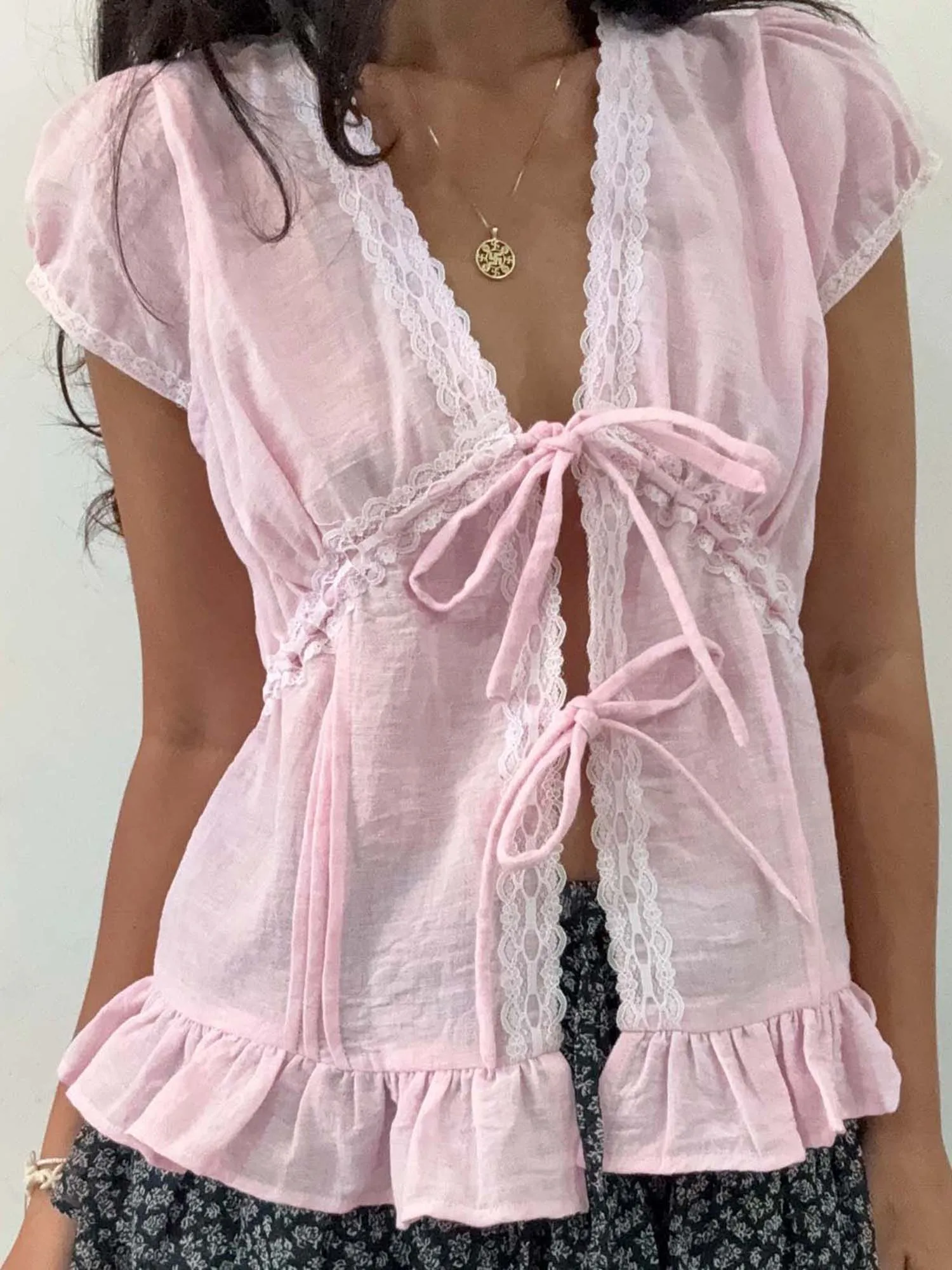 Women s Short Sleeve Lace Patchwork Tie-up  Fit Summer Blouse Casual Streetwear Tops Fashion Clothing