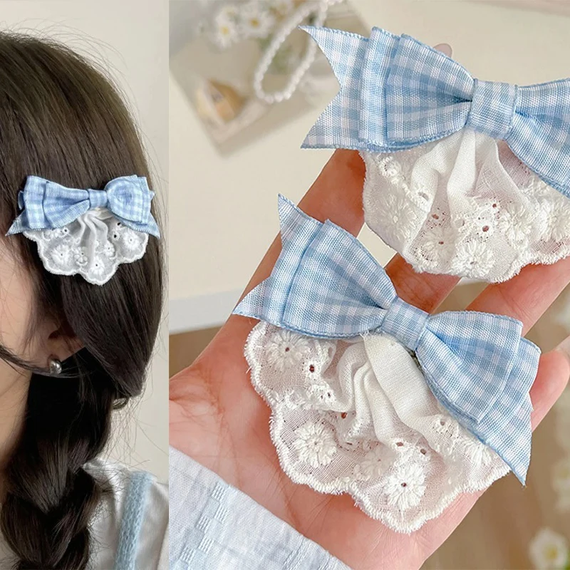 Korean Style Blue Checkered Bow Hair Clip for Women Creative Lace Cloud Design BB Hairpin Girl Hair Accessories