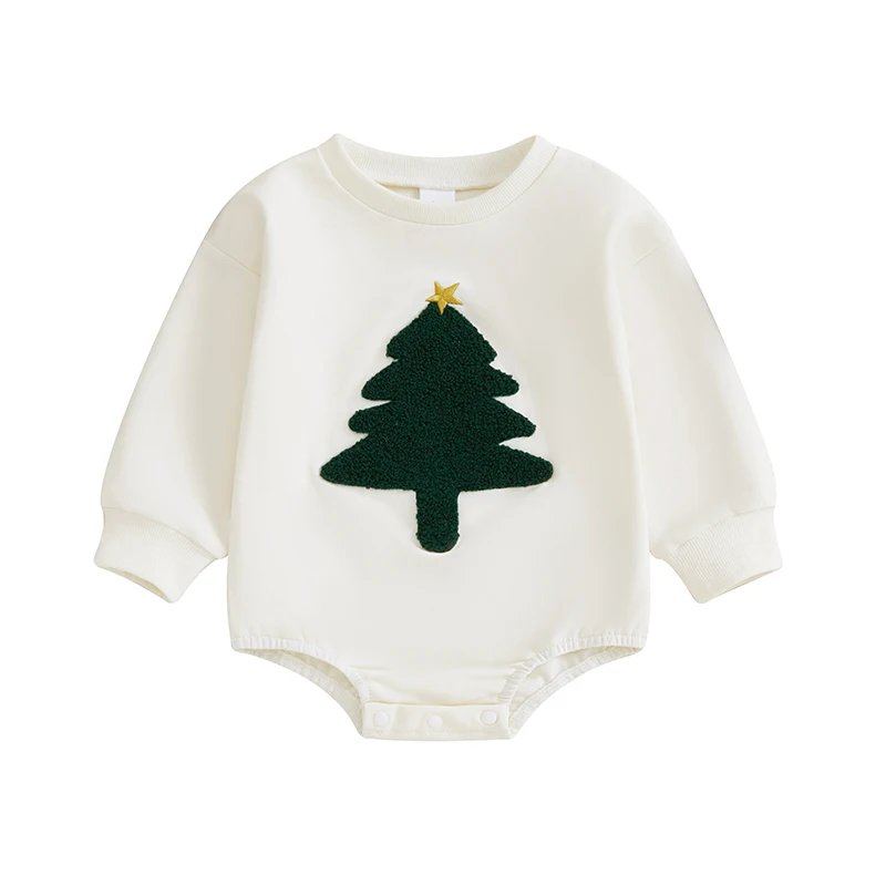 

Baby Christmas Romper Snowman Tree Embroidery Long Sleeve Crew Neck Bubble Jumpsuit