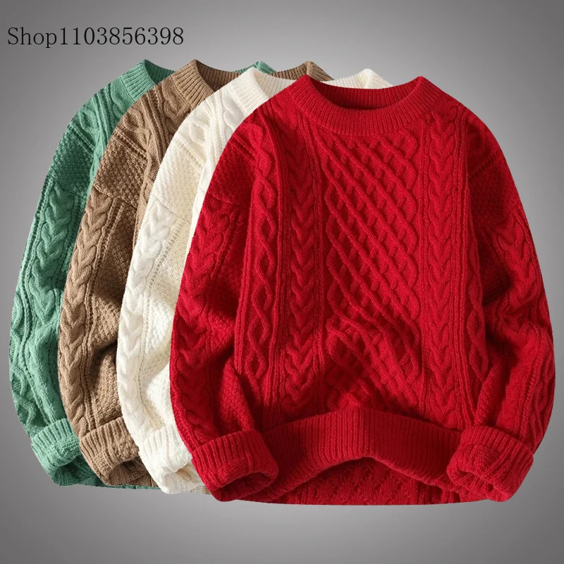 

Men's Autumn Winter Round Neck Red Sweater Man Loose Casual Knitted Top Solid Winter Knitwear Male Outwear Solid 3XL Christmas