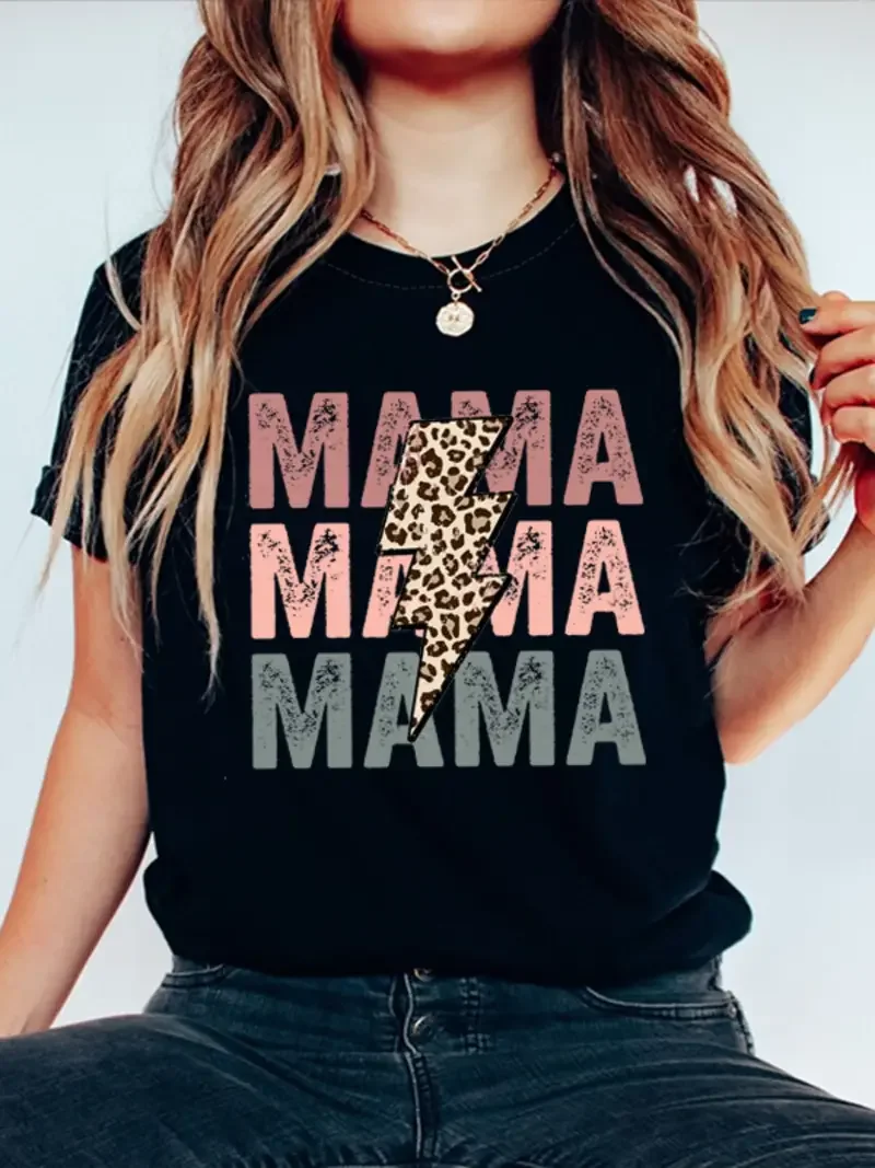 MAMA Letter Lightning Leopard Print T-shirt Fun Love Mom Retro Women\'s T-shirt Fashion Casual Summer Top Harajuku 2024 New