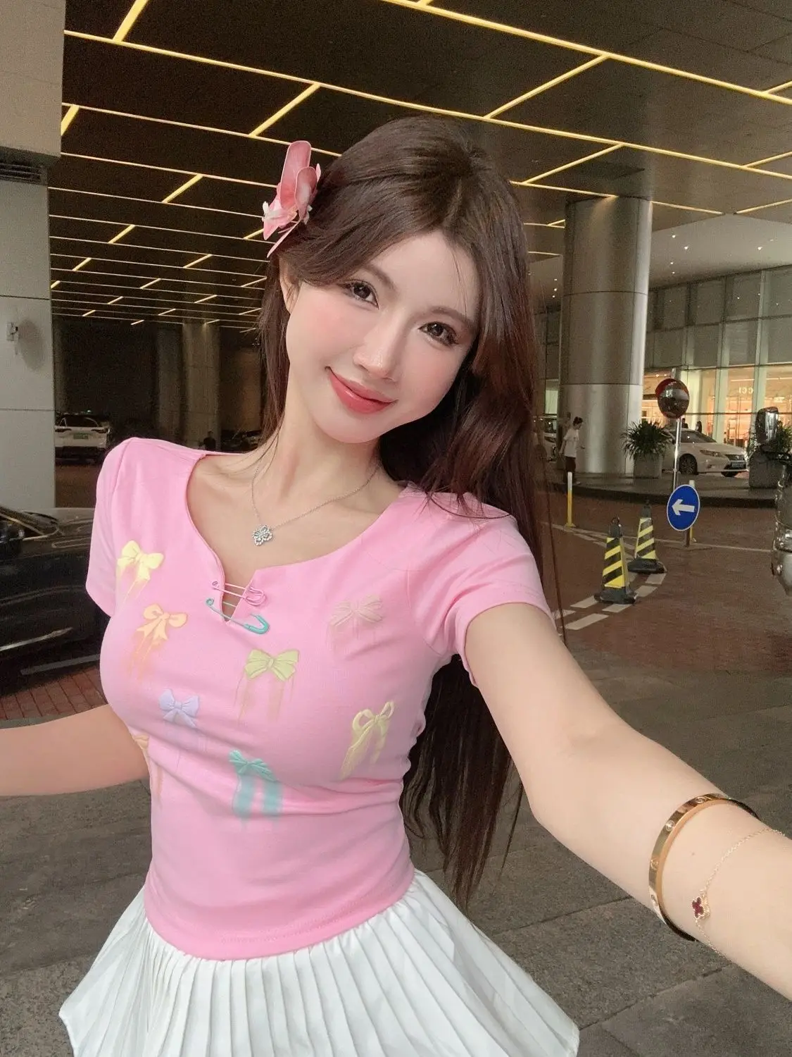 Colorful Bow Print Decorative Buckle FittedTop for Women Front Short Sleeve Summer Slim Short Sweaty Cropped T-shirt JJ174
