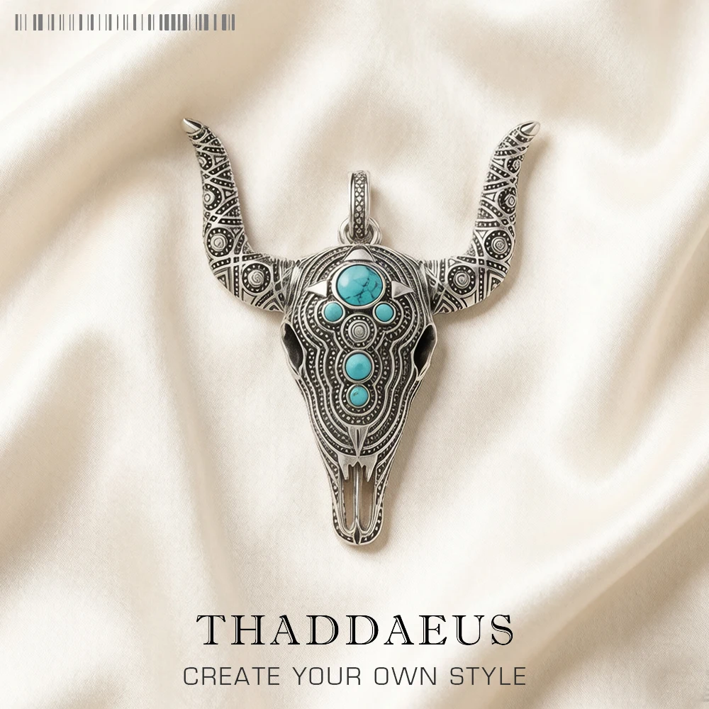 Pendant Blue Bull Head Skull Fashion Punk Ethnic Jewelry Europe 925 Sterling Silver Turquoise Rebel Gift For Woman & Men