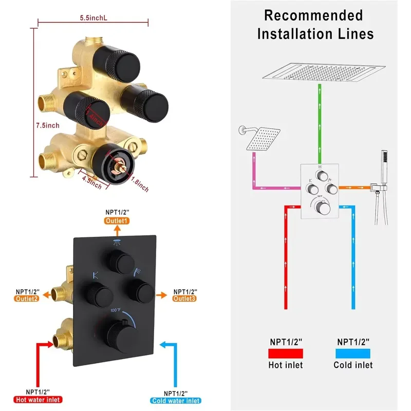 Dual Rain Shower Head System Faucet Set Ceiling Mount LED Wall Heads Handheld Shower Valve 1 Handle Flow Control Matte view 6
