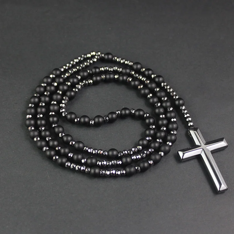 6mm Natural Stone Black Obsidian Tiger-eye Lapis Lazuli Round Beads Long Necklace with Cross Pendant for Men and Women