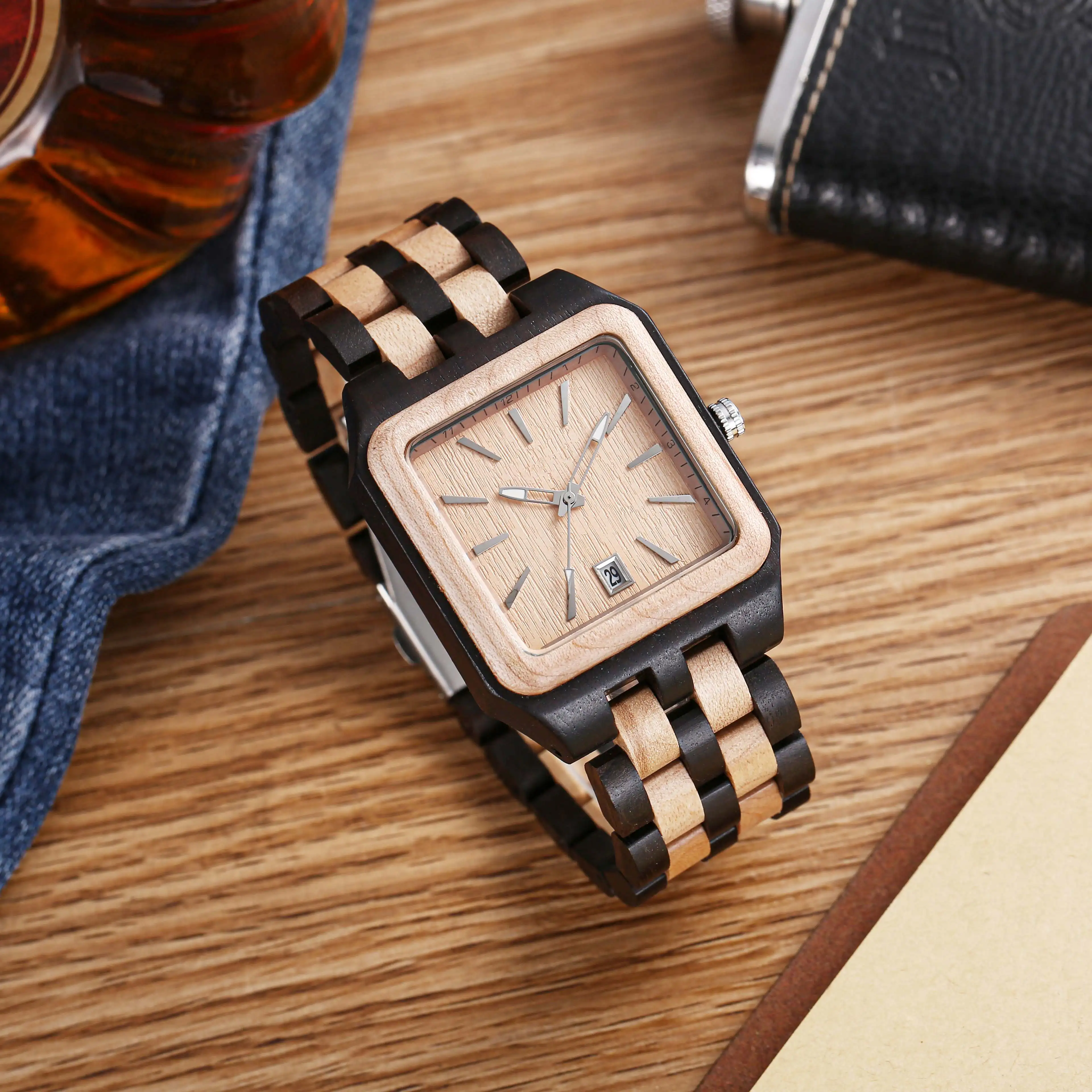 Men\'s Retro Simple Creative Lightweight Calendar Watch Dial Design Classic Fashion Pure Natural Wooden Square Watches