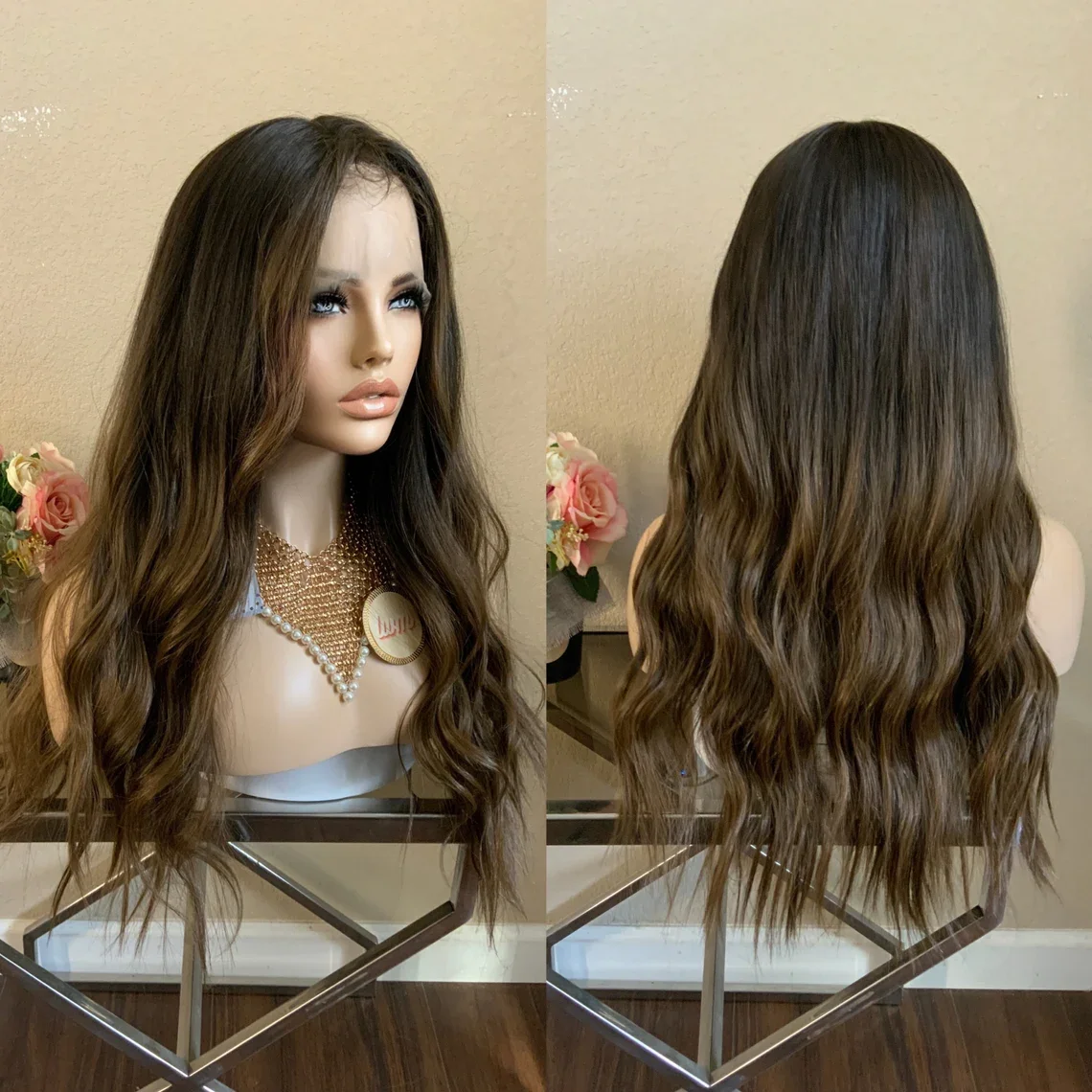 

Soft Ombre Brown Long Glueless 28'' Body Wave 5x5 Silk Base Jewish Human Hair Wig Baby Hair HD Lace European Hair Preplucked