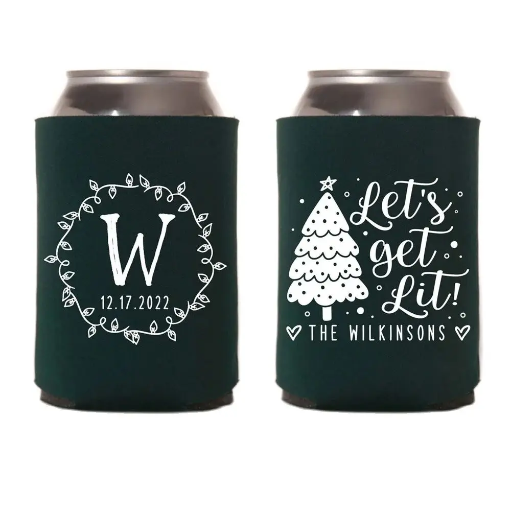 

Let's Get Lit - Wedding Can Cooler #197R - Custom - Holiday Wedding Favors, Christmas Wedding, Beer Huggers, Wedding Favor, Beer