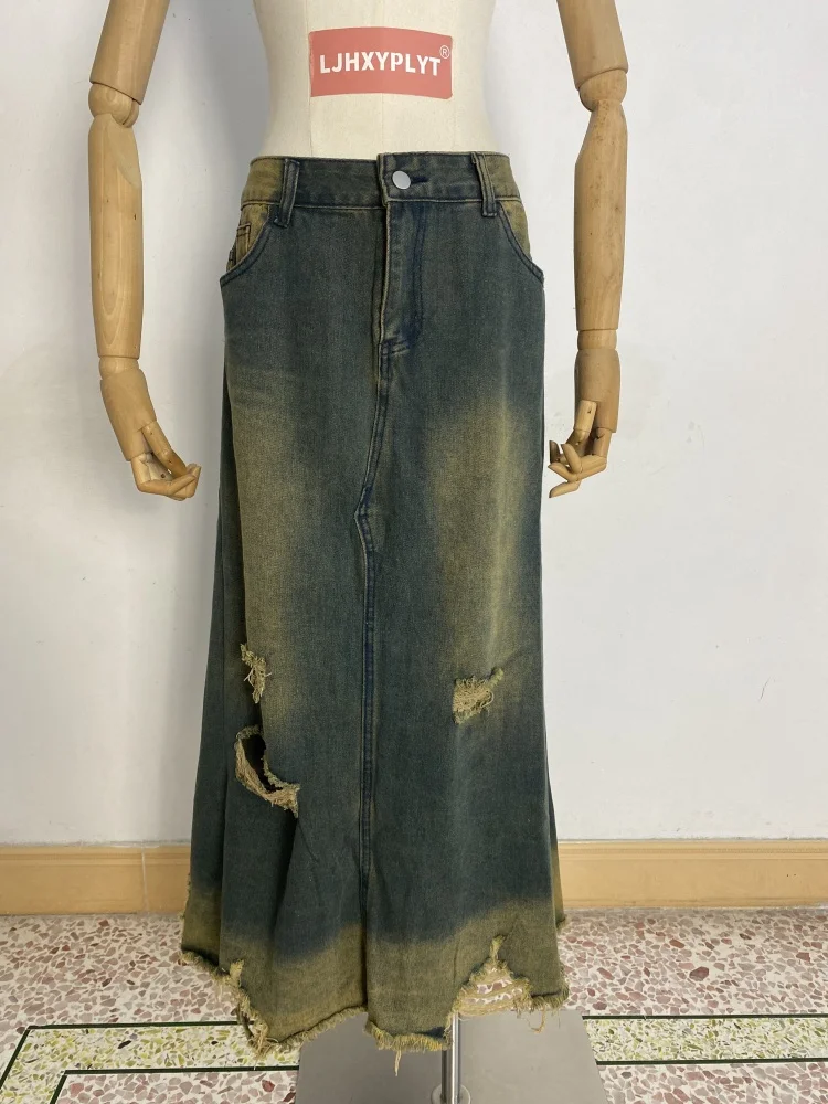 

Женская джинсовая юбка трапециевидной формы с грубыми краями и дырками, крутая винтажная модная женская прямая свободная потертая юбка длиной до щиколотки для девочек