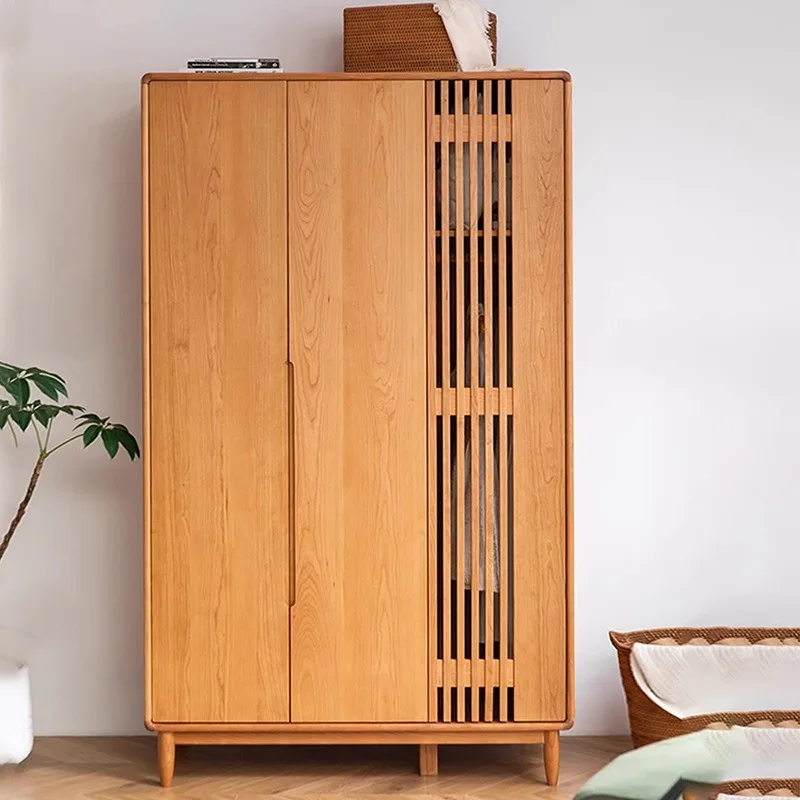 

Solid wood wardrobe cherry wood home bedroom Nordic small apartment simple storage cabinet Japanese grille multi-door wardrobe