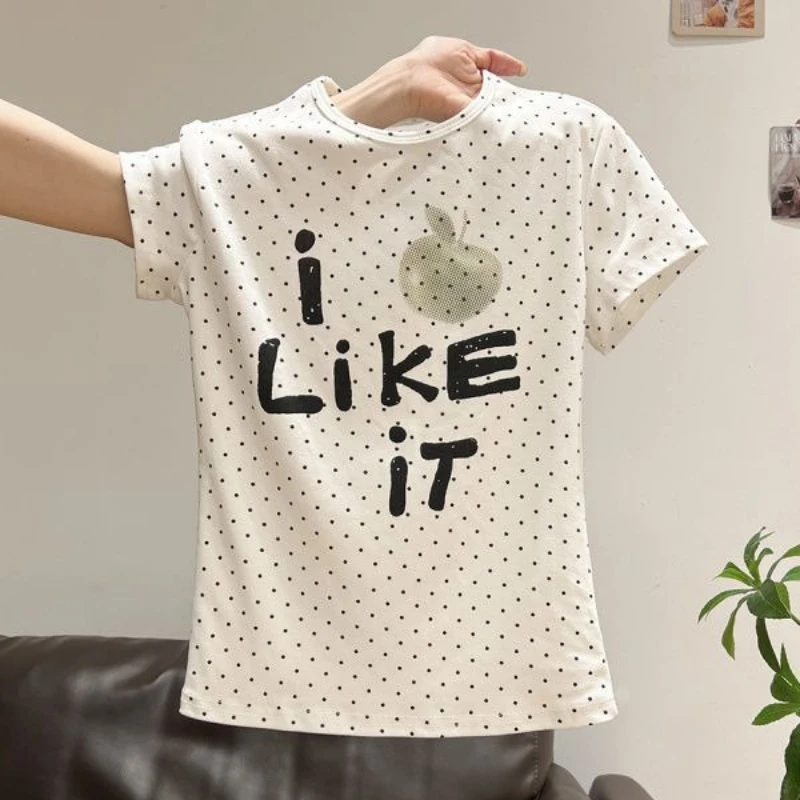 

Pure Cotton Korean Sweet Cute Polka Dot White Shirts Fun I Like It Print Unique T-shirts Y2K Young Women 2000s Retro Summer Tee
