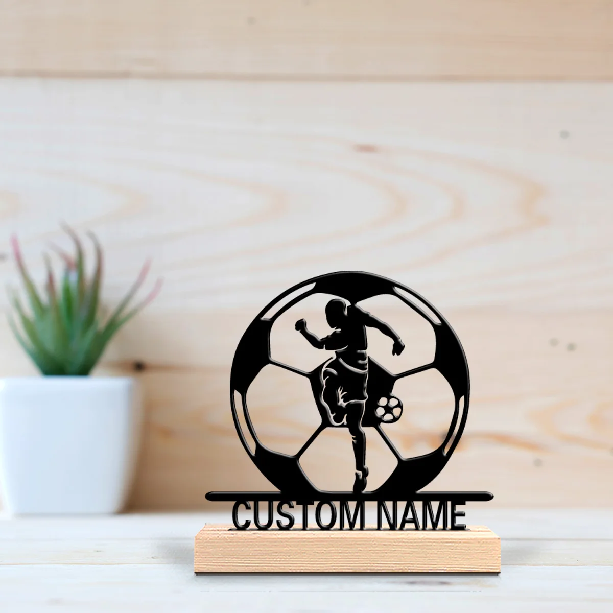 1pc Creative soccer Custom Letter Metal Statue Metal Ornament Art Crafts With Wood Base With Wood Base For Kids Gifts