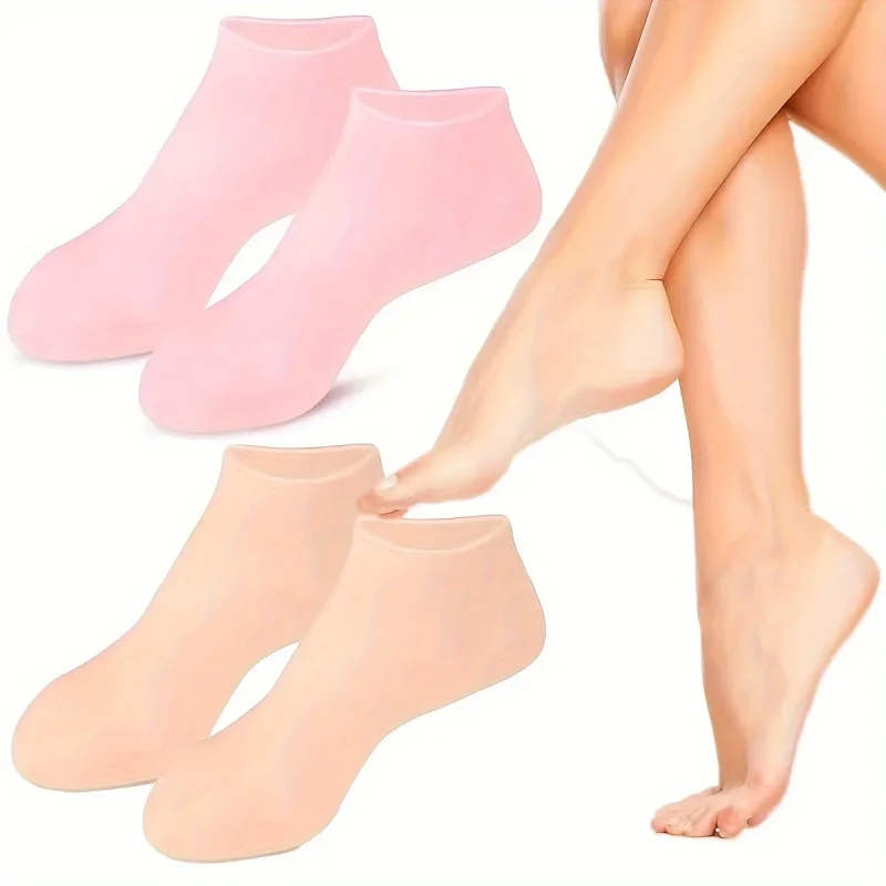 1Pair Pink/ Beige Moisturizing Silicone Gel Socks for Dry Cracked Feet Nourishing Skin Lubricating Foot Care Massage Socks view 5
