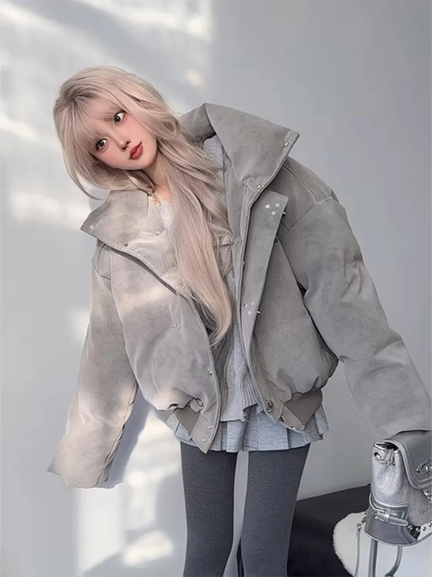 

ey Dyed ort PU Leather Stand Collar Cotton Jaet Men Winter Thiened Aircrt Button High Street American Sle Couple ...