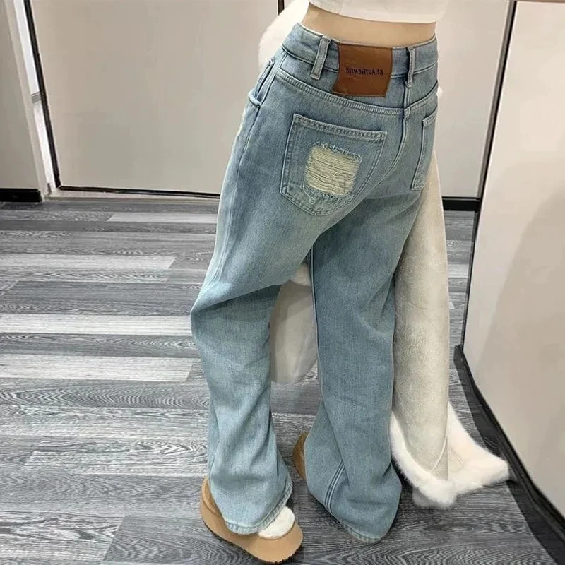 2024 Spring New Jeans for Women Wide Leg Pants with Holes and High Waisted Jeans Loose Straight Leg Pants