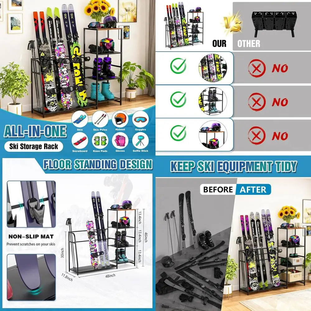 

Freestanding Ski and Snowboard Storage Rack - Garage Snow Gear Organizer with Boot Stand
