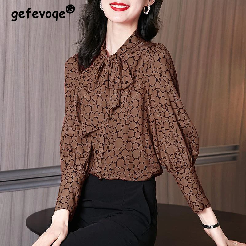 Women\'s Korean Fashion Dot Print Bow Lace Up Shirt Office Lady Vintage Elegant Commute Blouse Chic Long Sleeve Loose Tops Blusas