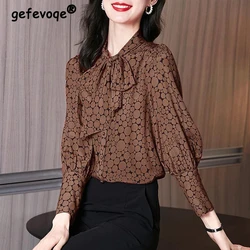 Women's Korean Fashion Dot Print Bow Lace Up Shirt Office Lady Vintage Elegant Commute Blouse Chic Long Sleeve Loose Tops Blusas