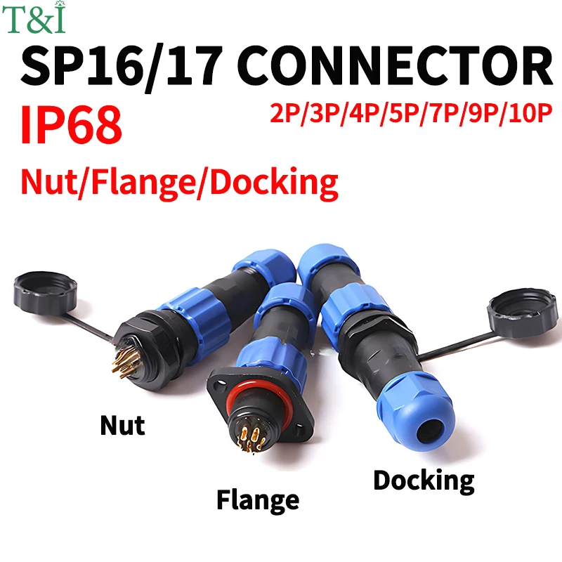 

IP68 SP16 SP17 Back Nut/Flange/Docking Waterproof Aviation Connector Socket with Male and Female Butt, 2/3/4/5/6/7/10 Pins Docks