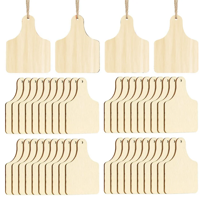 120 Pieces Wooden Cow Ear Tags Blank DIY Wooden Tags With Ropes For DIY Craft Christmas Party Decor