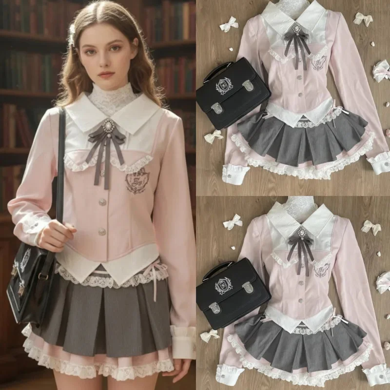 Y2K Bow Lace Fake Top Dresses 2 Piece Set Uniform College Sweet Girl Contrast Patchwork High Waisted Pleated Skirt Girls 2 Set