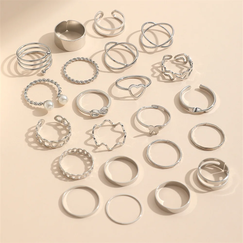 22Pcs/Set Fashion Imitation-Pearl Love Heart Cross Wave Butterfly Infinity Simple Metal Layered Geometric Hollow Ring For Woman image 5