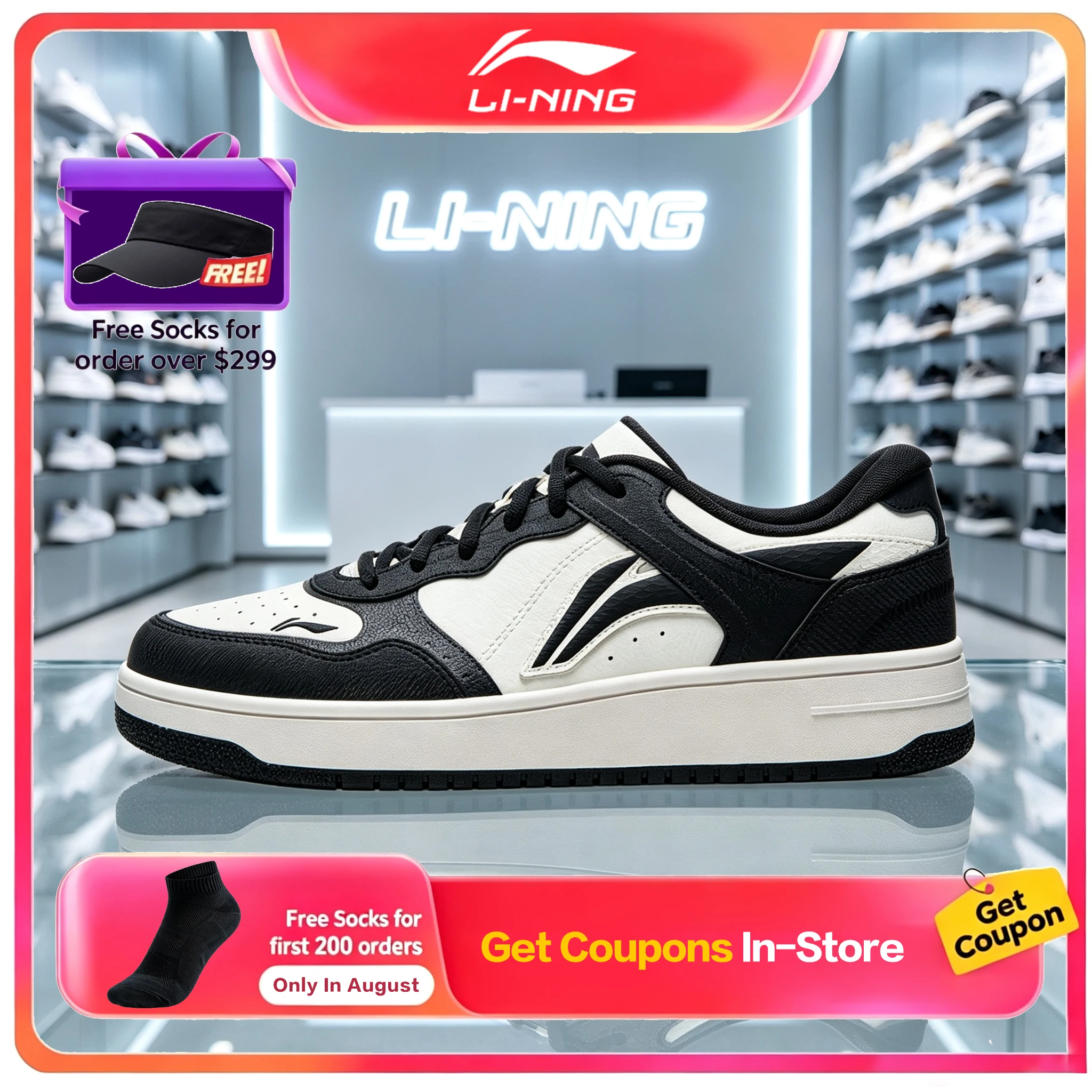 Li Ning Tianji Men Skate Shoes Autumn New Thick Sole Height Increasing Black White Casual Sneakers